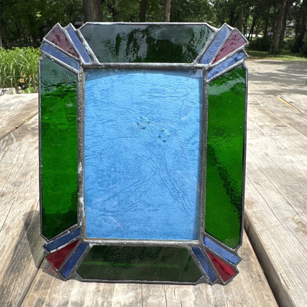 Handmade Stained Glass Photo Picture Frame Suncatcher Green Blue Red 3.5 X 5”